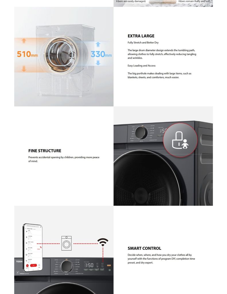Toshiba 8KG Heat Pump Dryer TSB-TDT21B90HWM(MG) with extra large, fine structure & smart control