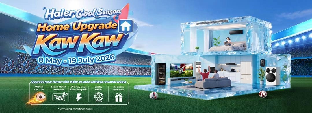 Haier Cool Season Home Upgrade Kaw Kaw campaign featuring Haier home appliances with up to 20% S-Coin Cashback