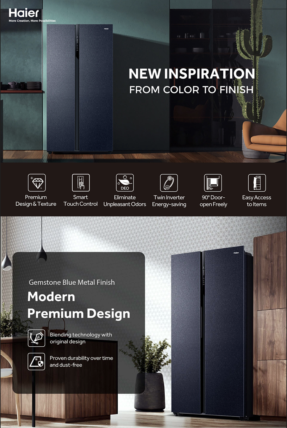 Close-up of Haier Side by Side Refrigerator features: Smart Touch Control, Twin Inverter, Gemstone Blue Metal Finish