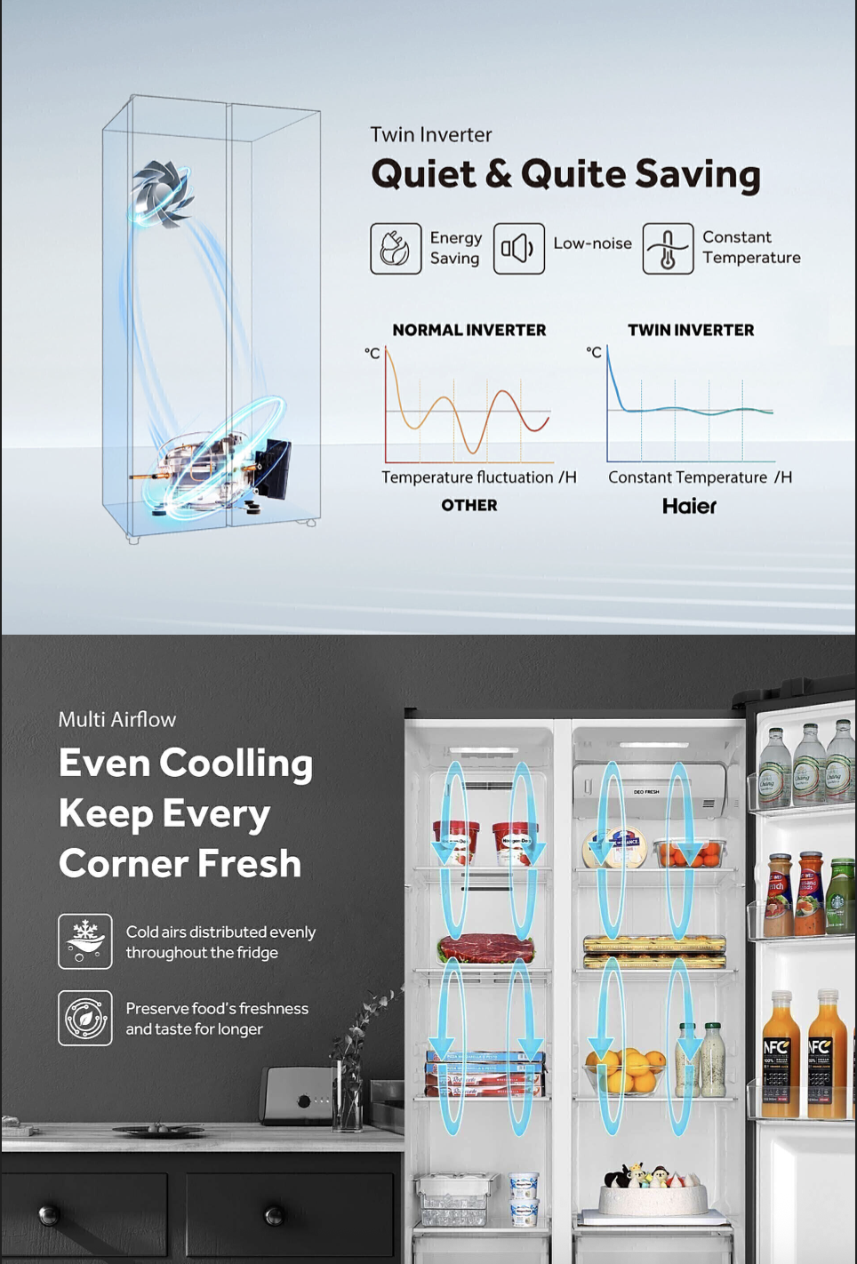 Close-up of Haier Side by Side Refrigerator Twin Inverter quiet cooling and Multi Airflow even cooling