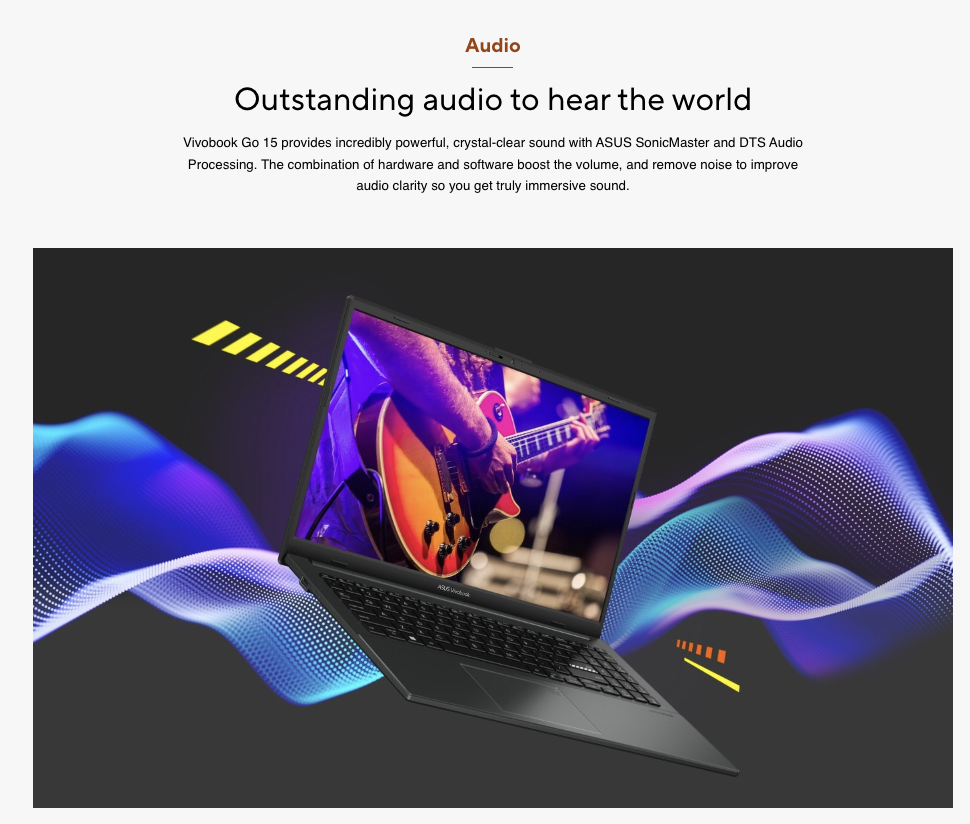 Close-up of Asus Vivobook Go 15 SonicMaster and DTS Audio Processing delivering immersive sound