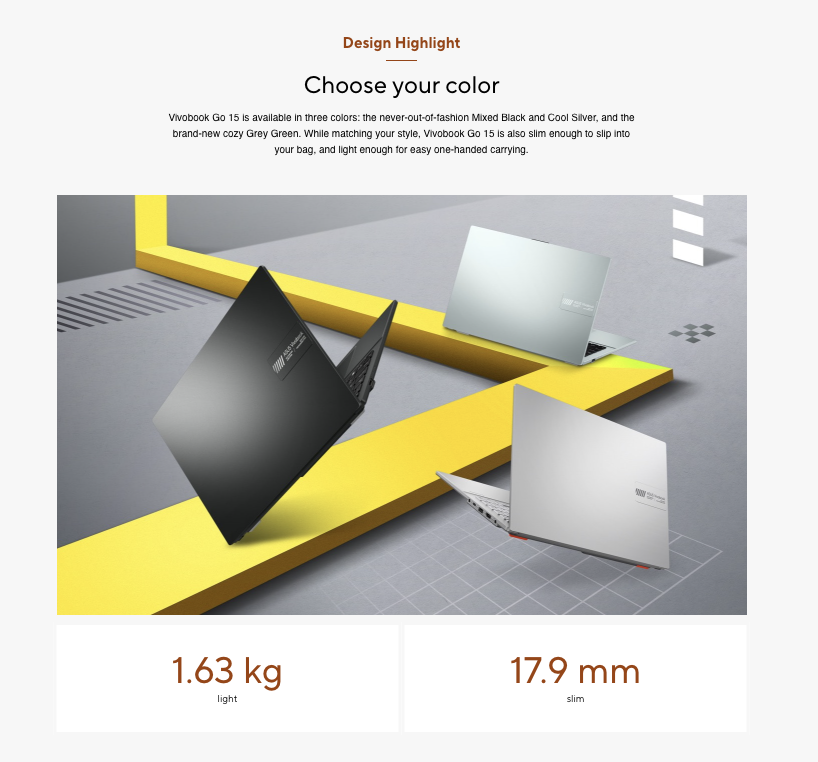 Close-up of Asus Vivobook Go 15 in three colours: Mixed Black, Cool Silver and Grey Green