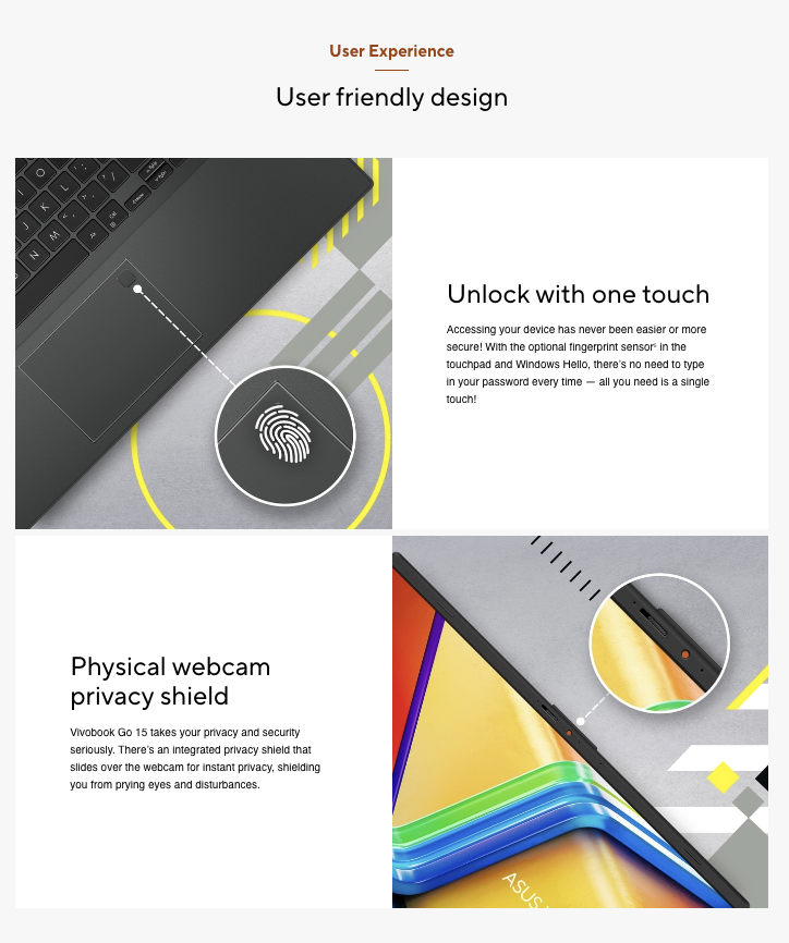 Close-up of Asus Vivobook Go 15 fingerprint sensor and physical webcam privacy shield