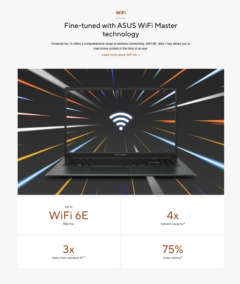 Close-up of Asus Vivobook Go 15 WiFi 6E: 4x network capacity, 3x faster than AC, 75% lower latency