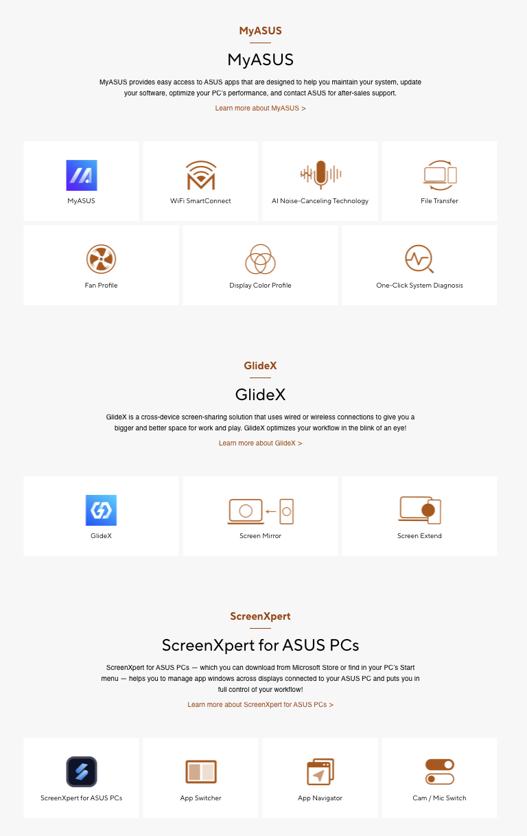 Close-up of Asus Vivobook Go 15 MyASUS, GlideX and ScreenXpert app suite with system and workflow tools