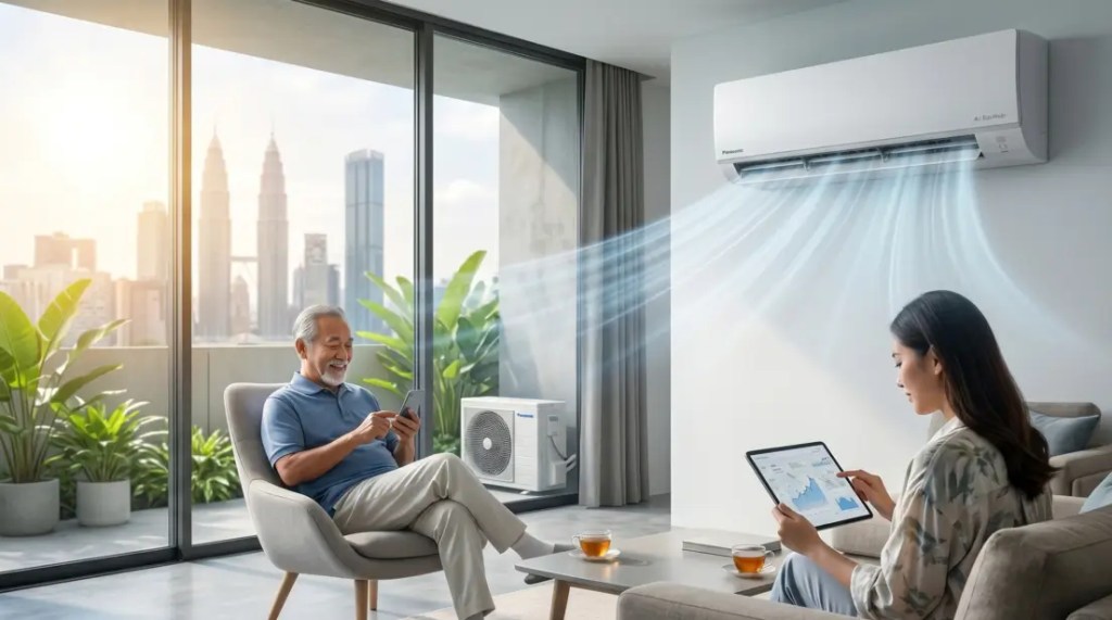 An elderly man and a young woman using smart devices in a well-ventilated, air-conditioned living room with an outdoor compressor unit visible on the shaded balcony.