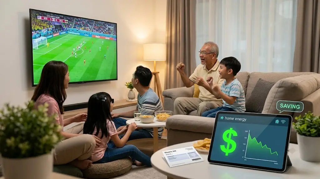 A Malaysian family watching a football match on a large TV, while a digital tablet in the foreground displays low home energy consumption metrics and a cost savings graph.