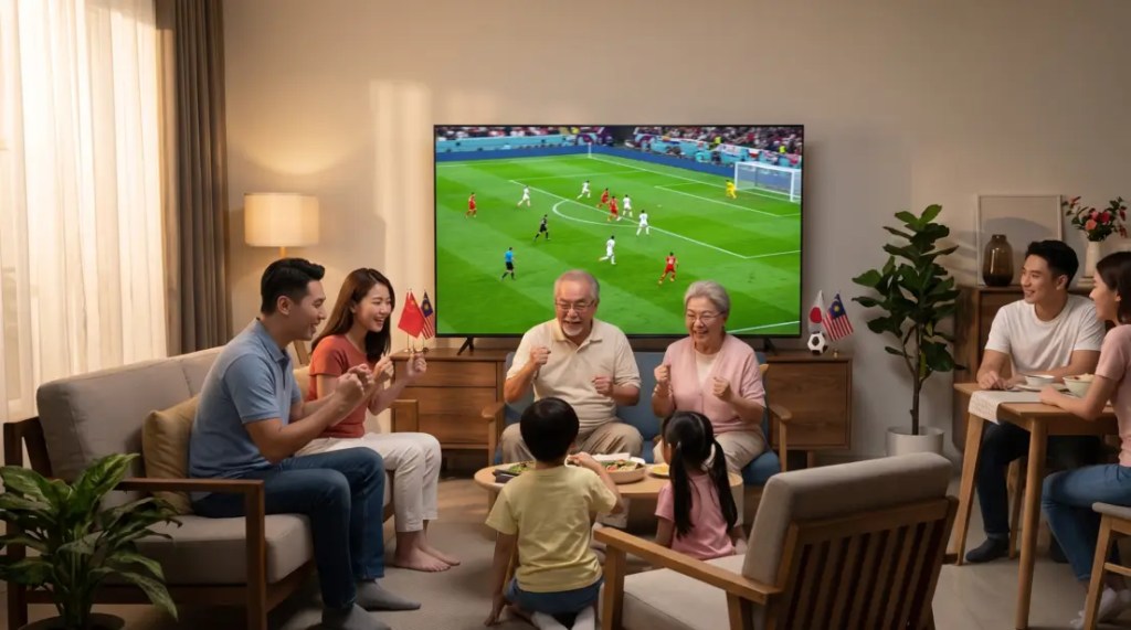 Grandparents, parents, and children gathered around a large 75-inch television screen in a modern living room, cheering during a live football tournament broadcast.