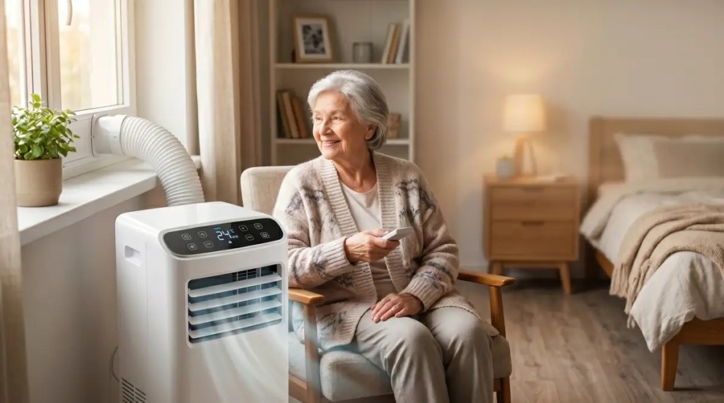 A senior woman smiling while using a remote control to adjust a white 1.5HP portable air conditioner in a cozy bedroom with a window kit installation.