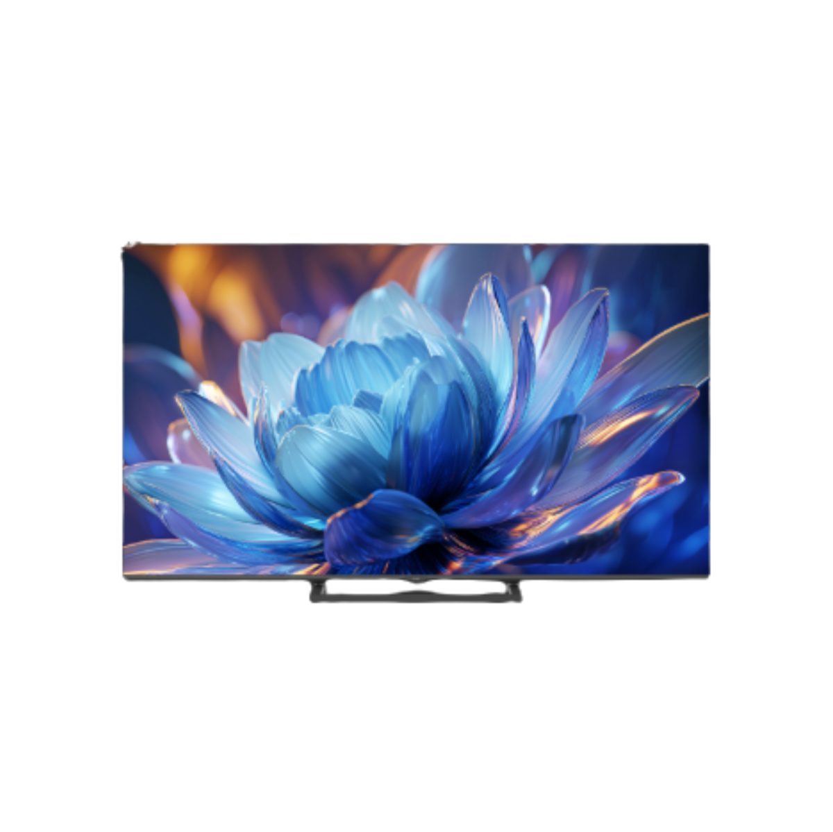 Front view of a slim bezel smart TV with blue display