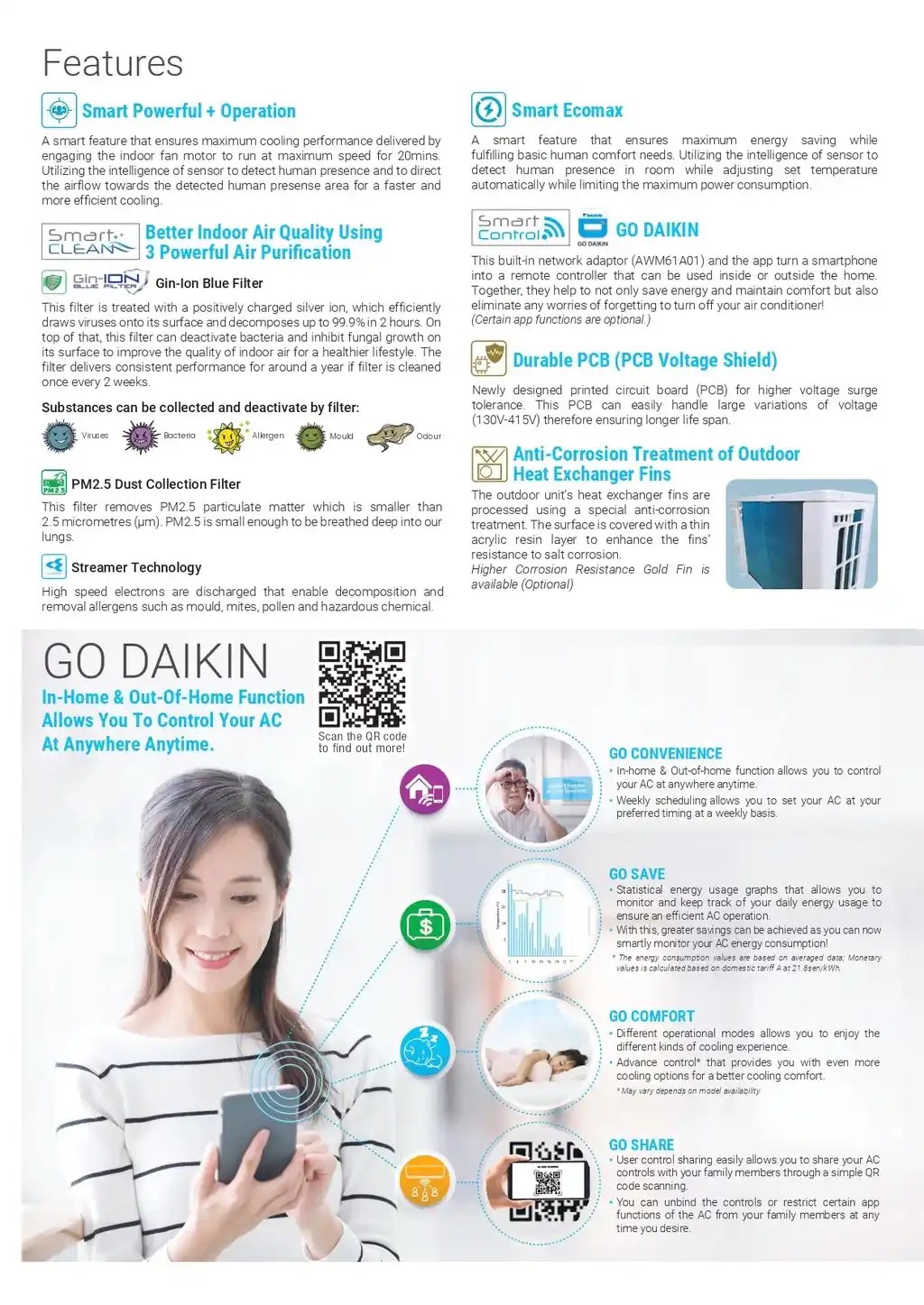 Close-up of Daikin FTKH Seires Air Conditioner Smart Powerful, Smart Ecomax, Smart Control, Smart Clean