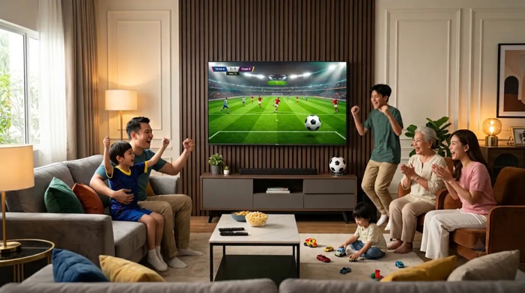An active family living room scene during a World Cup football match, featuring a large premium smart TV safely mounted on the wall while family members cheer and celebrate.
