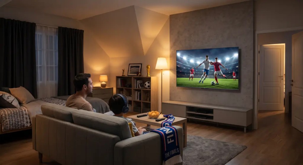 A cozy secondary bedroom viewed at night, with a large QLED TV displaying a World Cup football match. Through an open door, a hallway is visible, leading to a sleeping area where a family is resting undisturbed.