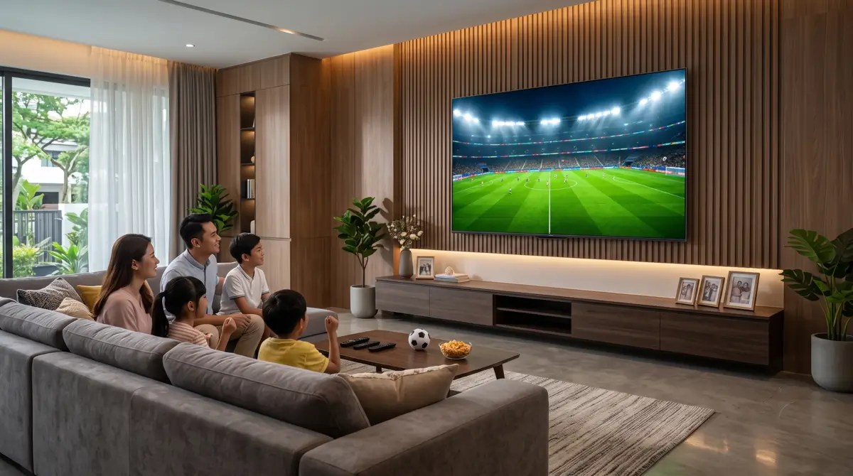 A family gathers on a couch in a luxury Malaysian living room, watching a vibrant World Cup football match on a large, flush-mounted smart TV with ultra-thin bezels.