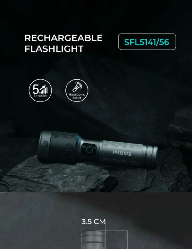 Close-up of Philips flashlight 5 mode & telescopic zoom