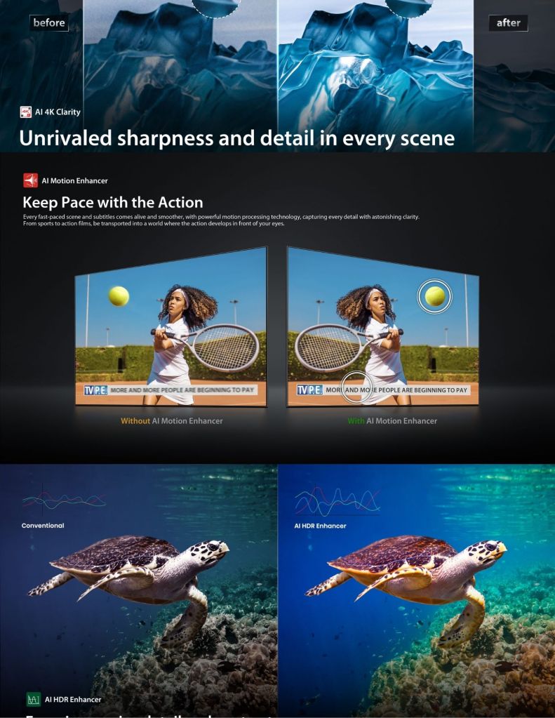 Close up of Toshiba C350RP 4K UHD Smart TV AI motion enhancer