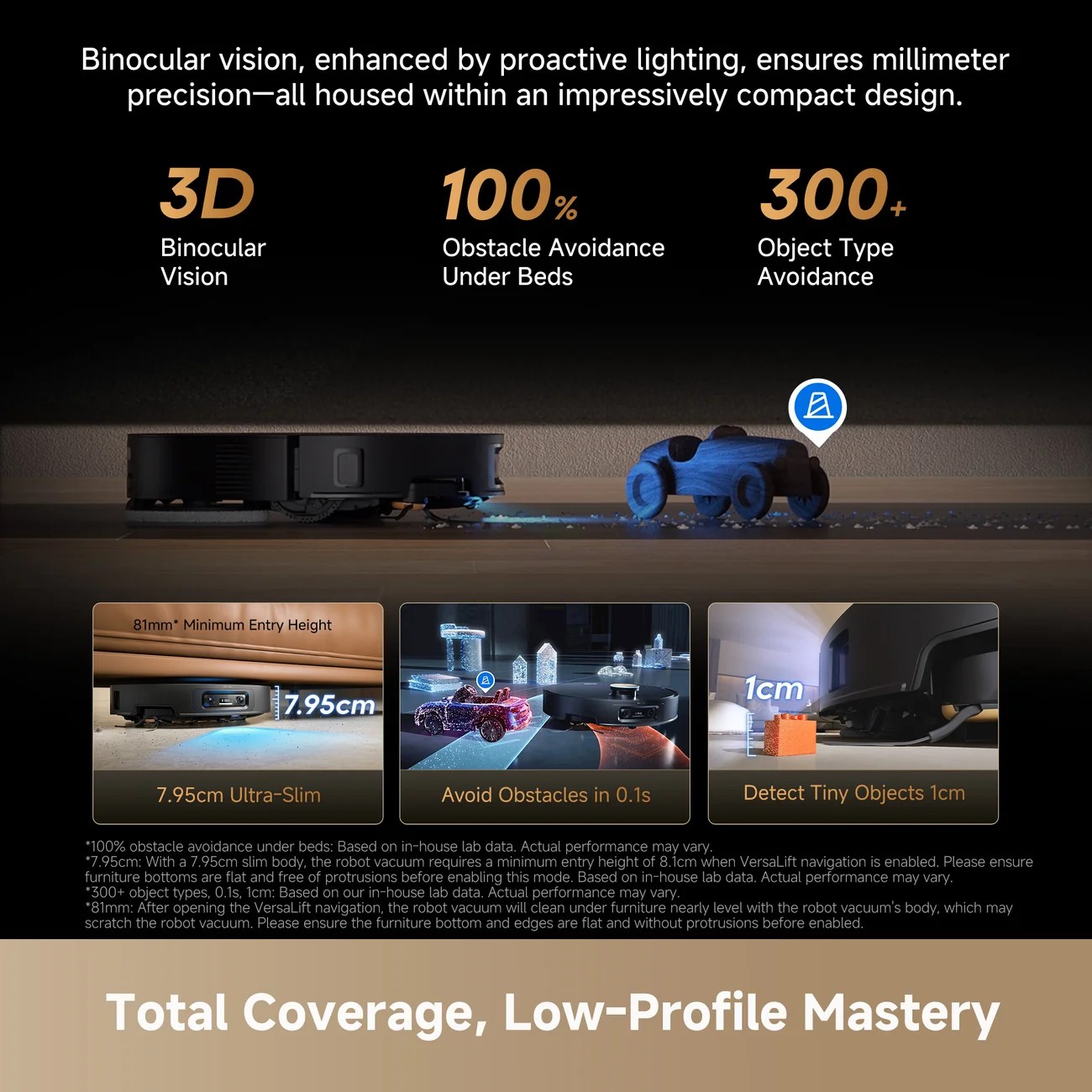Close-up of Dreame X60 Ultra Robot Vacuum total coverage, low-profile mastery