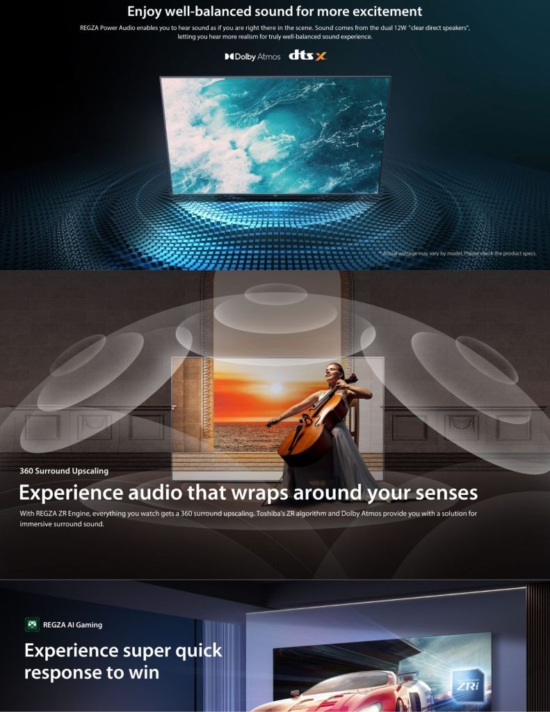 Close up of Toshiba C350RP 4K UHD Smart TV 360 surround upscaling