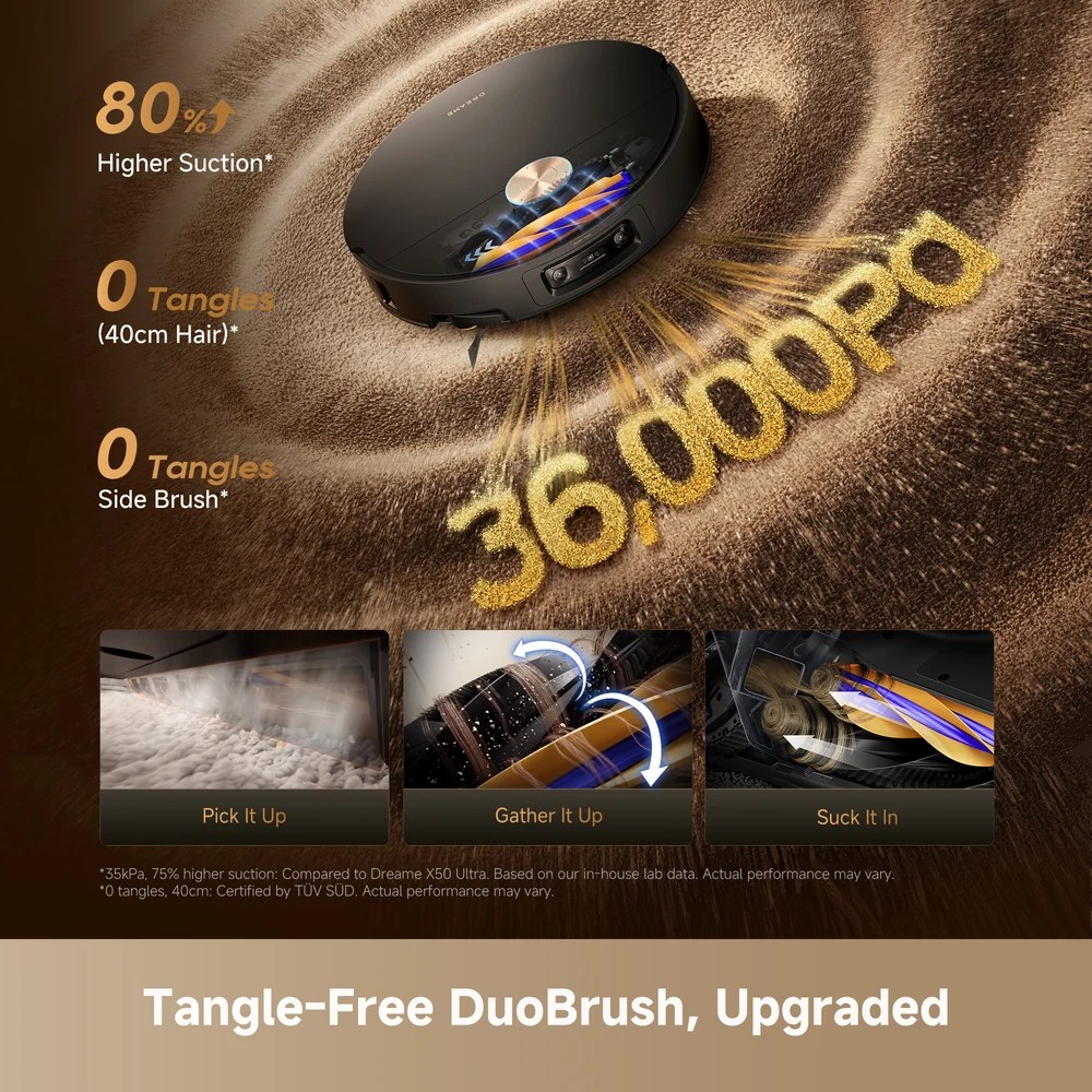 Close-up of Dreame X60 Ultra Robot Vacuum tangle-free duobrush, upgraded