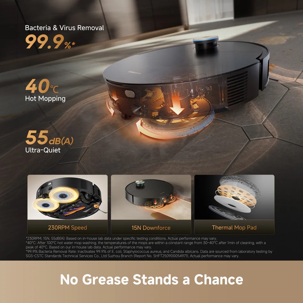 Close-up of Dreame X60 Ultra Robot Vacuum no grease stands a chance