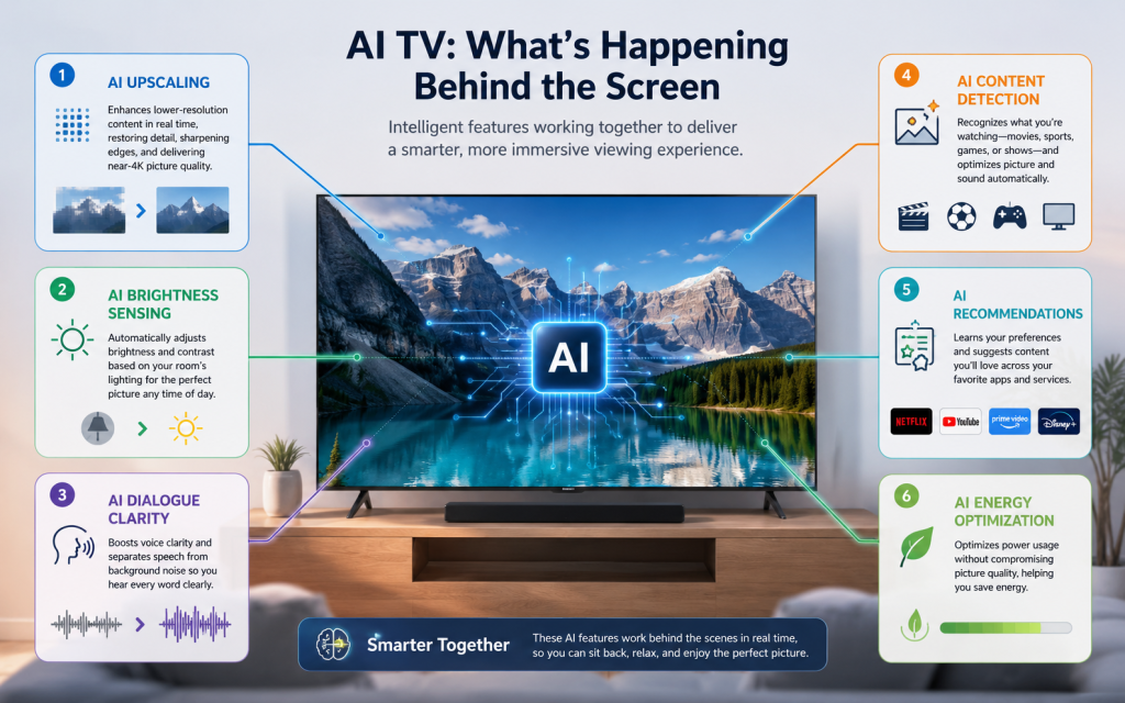 Infographic showing six AI features of a smart TV, including picture upscaling, adaptive brightness, and voice control response