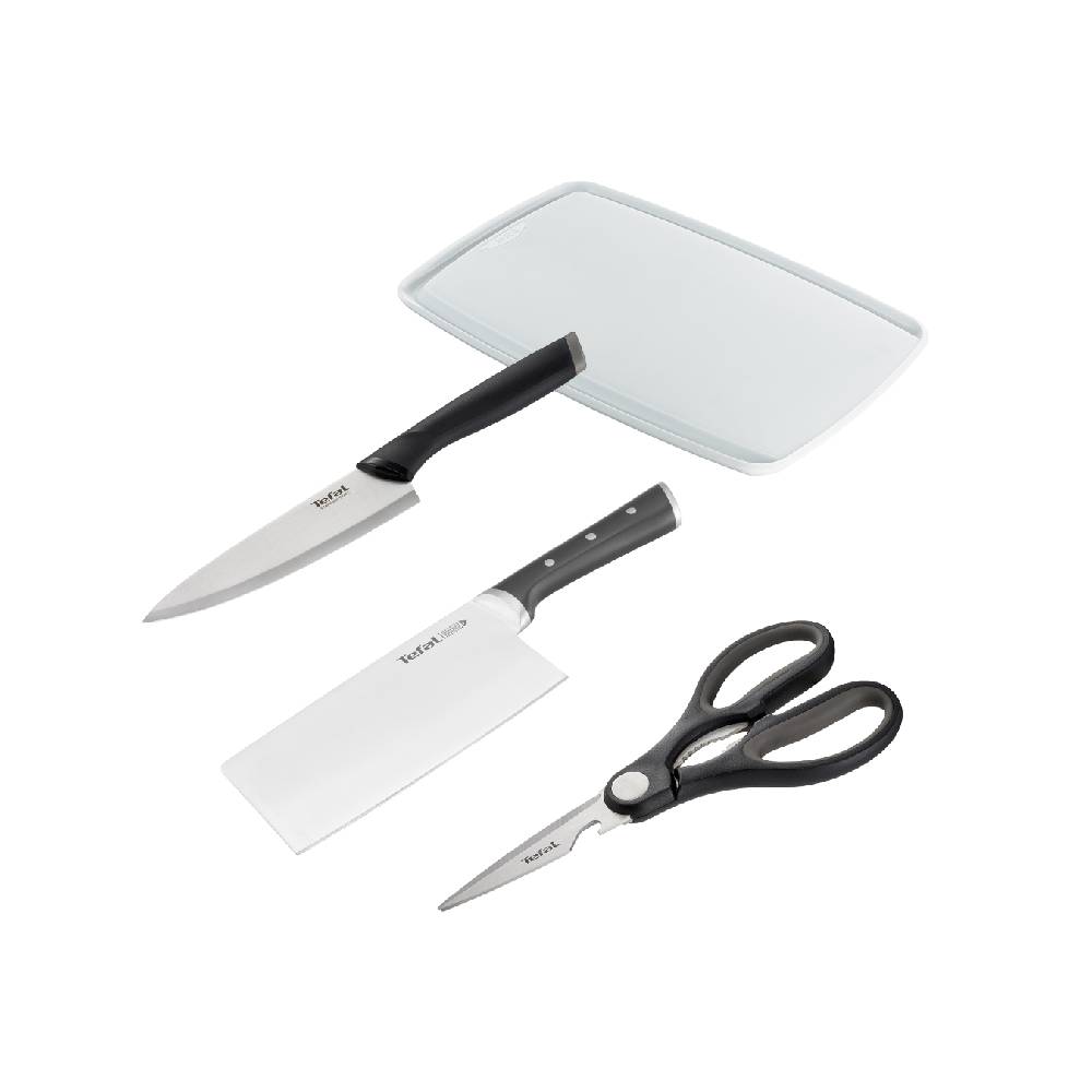 TEF-KNIFESET4-4PCS Tefal Knives Set 4 (Chinese Chopper 18cm+Chef Knife 15cm+Shears+Cutting Board) - Front View