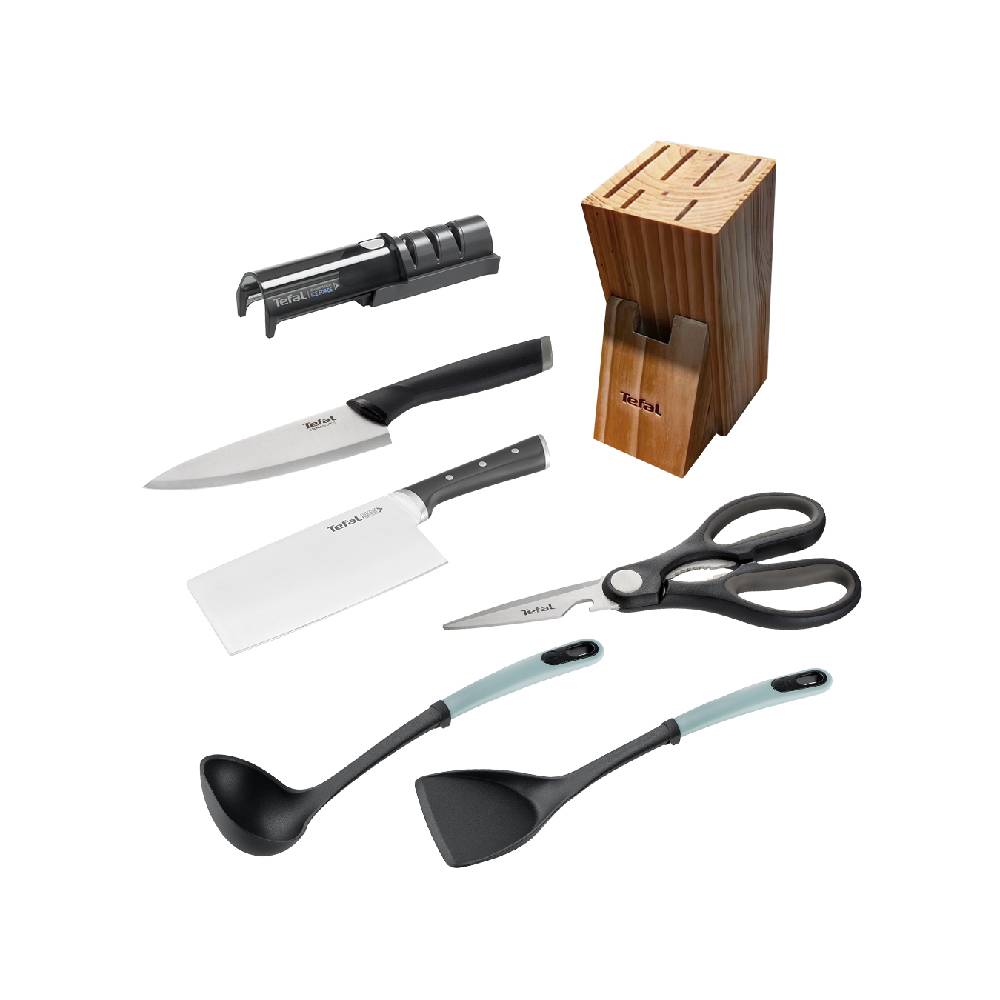 TEF-KNIFESET5-7PCS Tefal Knives Set 5 (Ice Force Chinese Chopper 18cm+Sharpener+Shears+Chef Knife 15cm+Ingenio Plus Ladle+ Wok Spatula+Knives Block(B)) - Front View