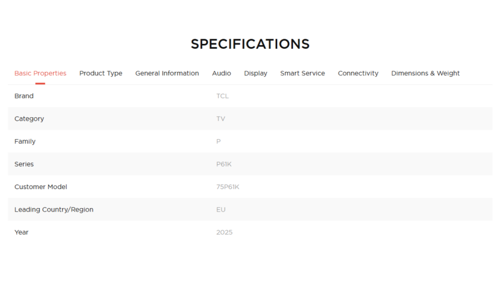 TCL 75P61K TV specifications showing P61K series, 75P61K model and 2025 information