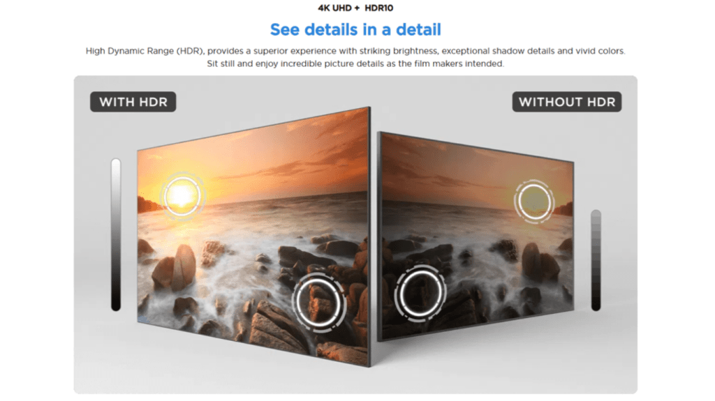 4K UHD HDR10 TV comparison showing brighter sunset details with HDR versus darker picture without HDR