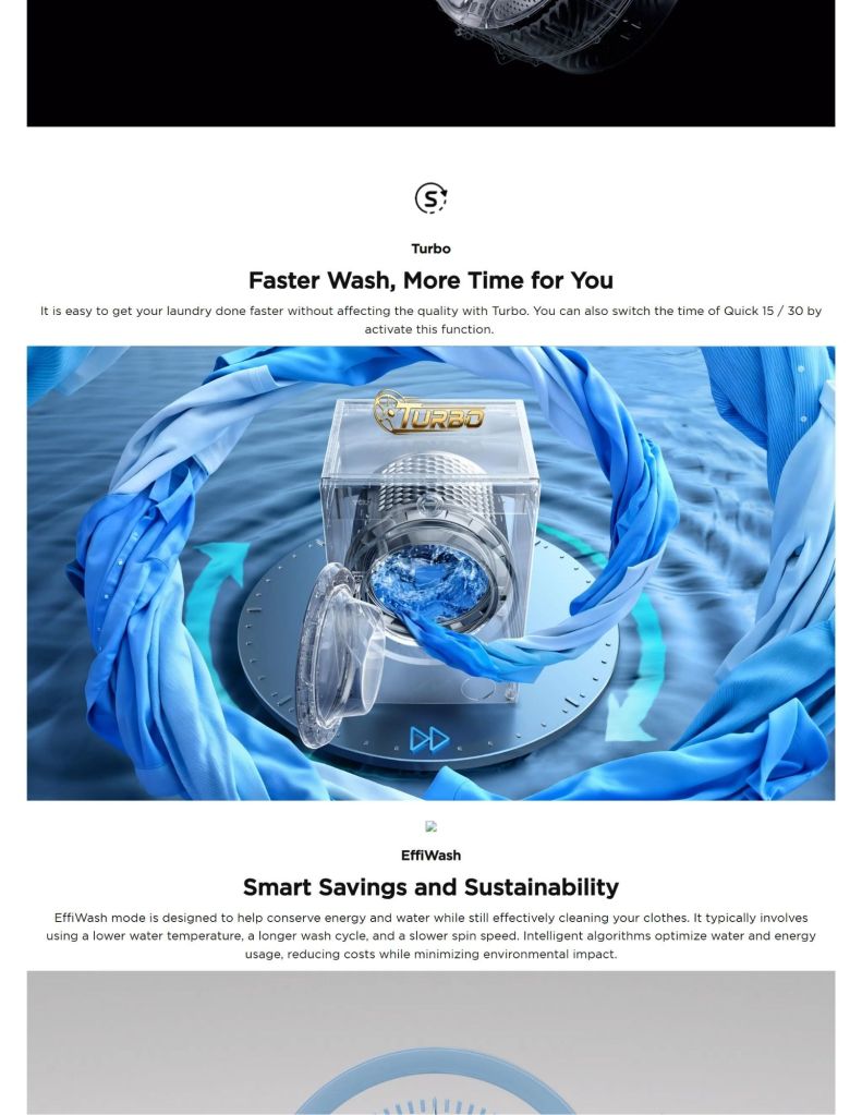 Close up of 10.5KG front load washer turbo and effiwash