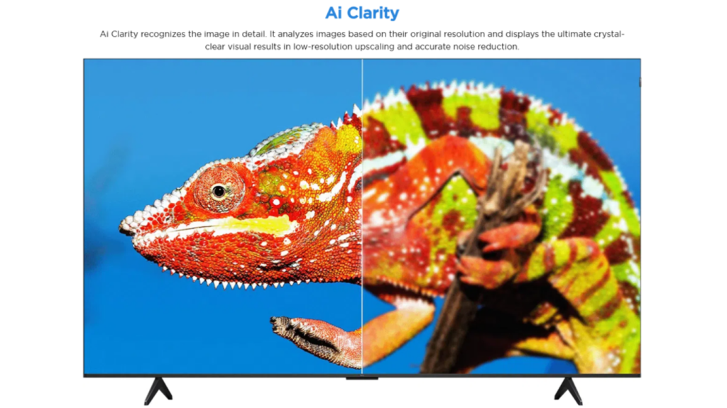 TCL 75P61K AI Clarity comparison showing sharper detail and improved low-resolution images