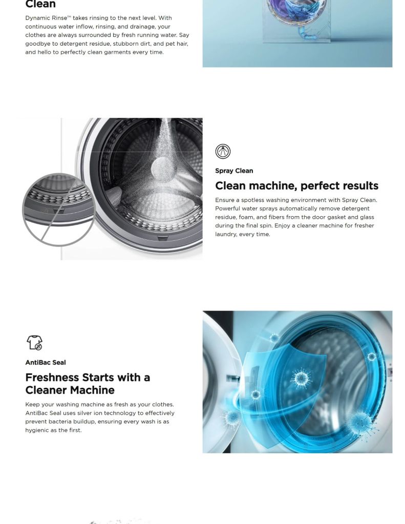 Close up of 10.5KG front load washer spray clean and AntiBac Seal