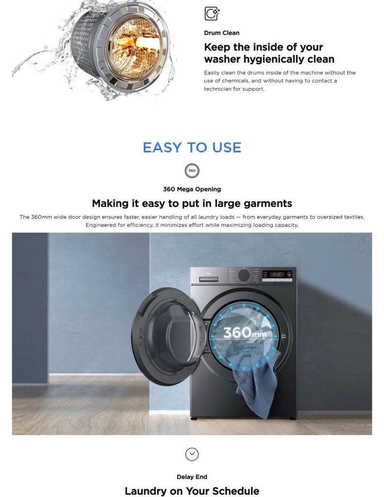 Close up of 10.5KG front load washer drum clean and 360 mega opening