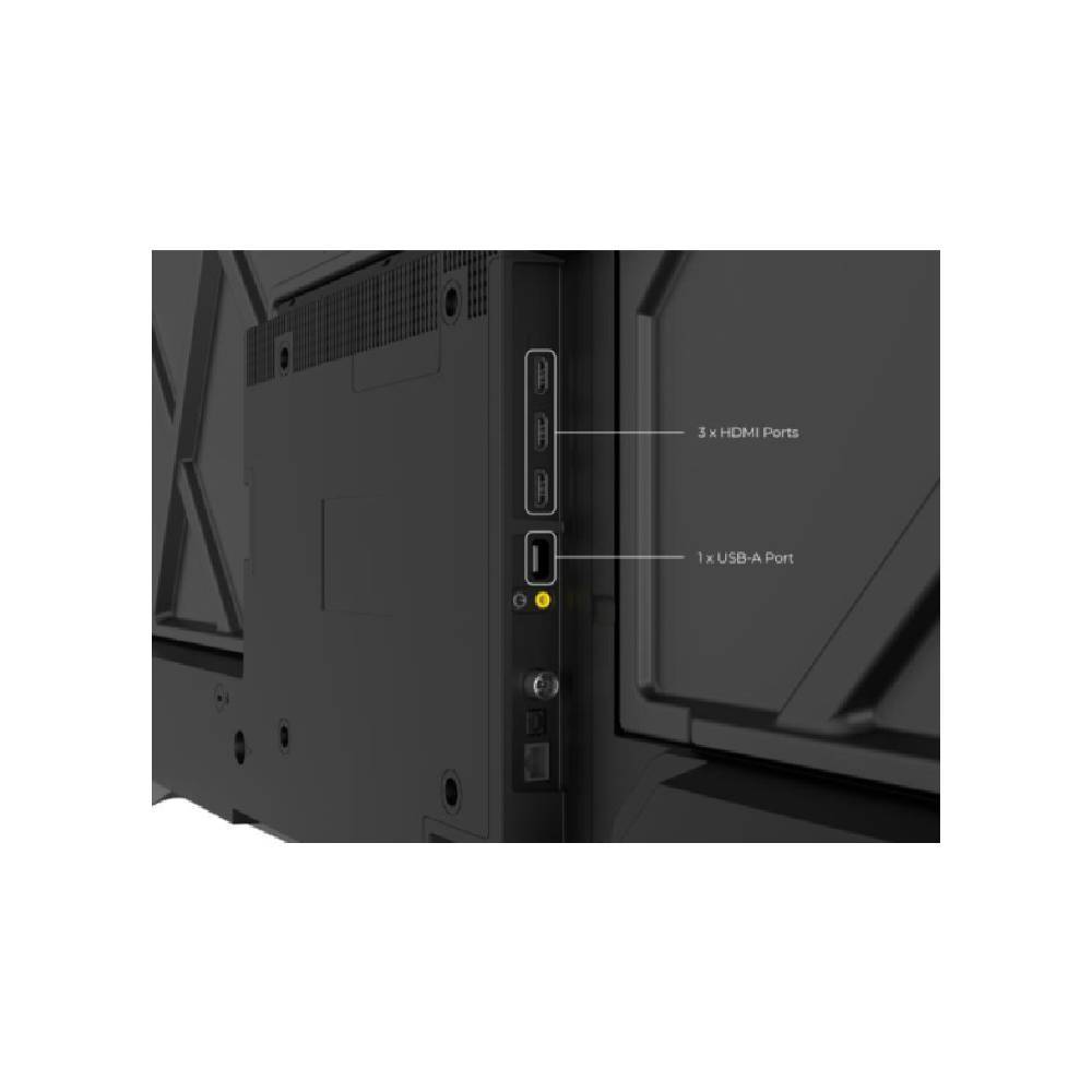 Close-up of Sharp AQUOS 4K TV rear connectivity with 3 HDMI ports and USB-A port