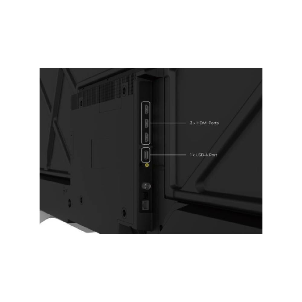 Close-up of Sharp AQUOS QLED TV rear connectivity with 3 HDMI ports and 1 USB-A ports