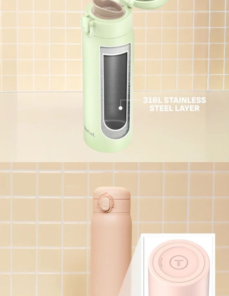 Close up of Tefal Easy To Go Bottle with 316L stainless steel layer