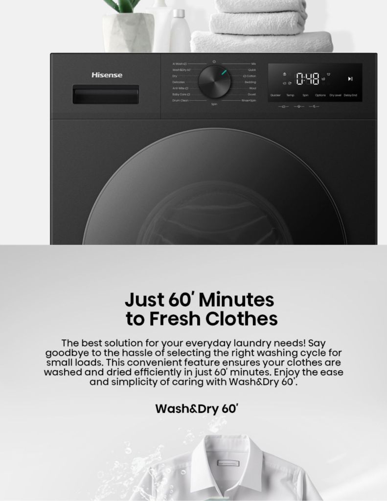Close up of Hisense 12KG Front Load Washer and 8kg Dryer wash&dry 60 minutes