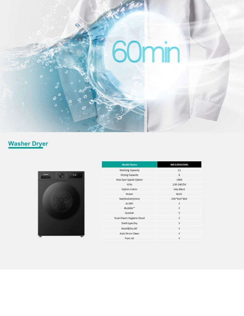 Close up of Hisense 12KG Front Load Washer and 8kg Dryer wash&dry 60 minutes