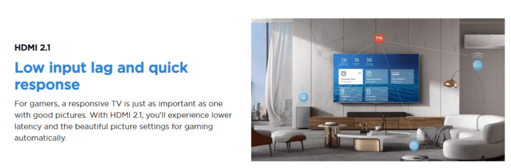 TCL 75P61K TV with HDMI 2.1 for low input lag and faster gaming response