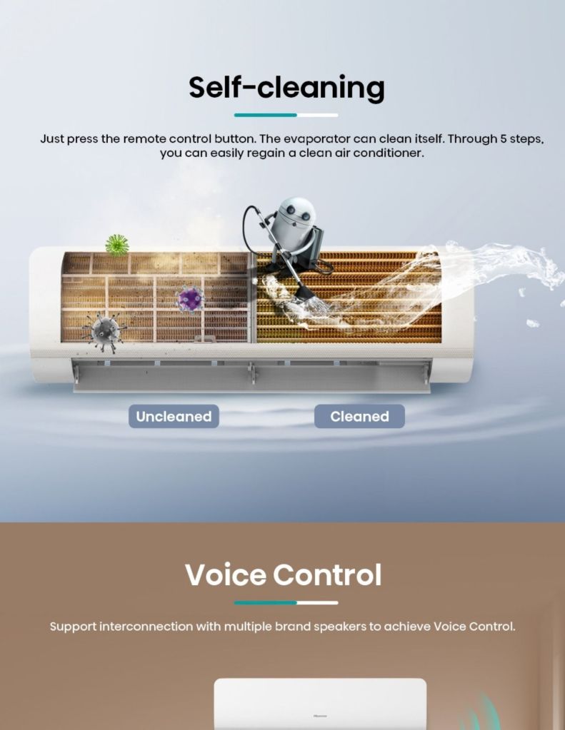 Close up of Hisense X5 KCA Inverter Air Conditioner self-cleaning and voice control