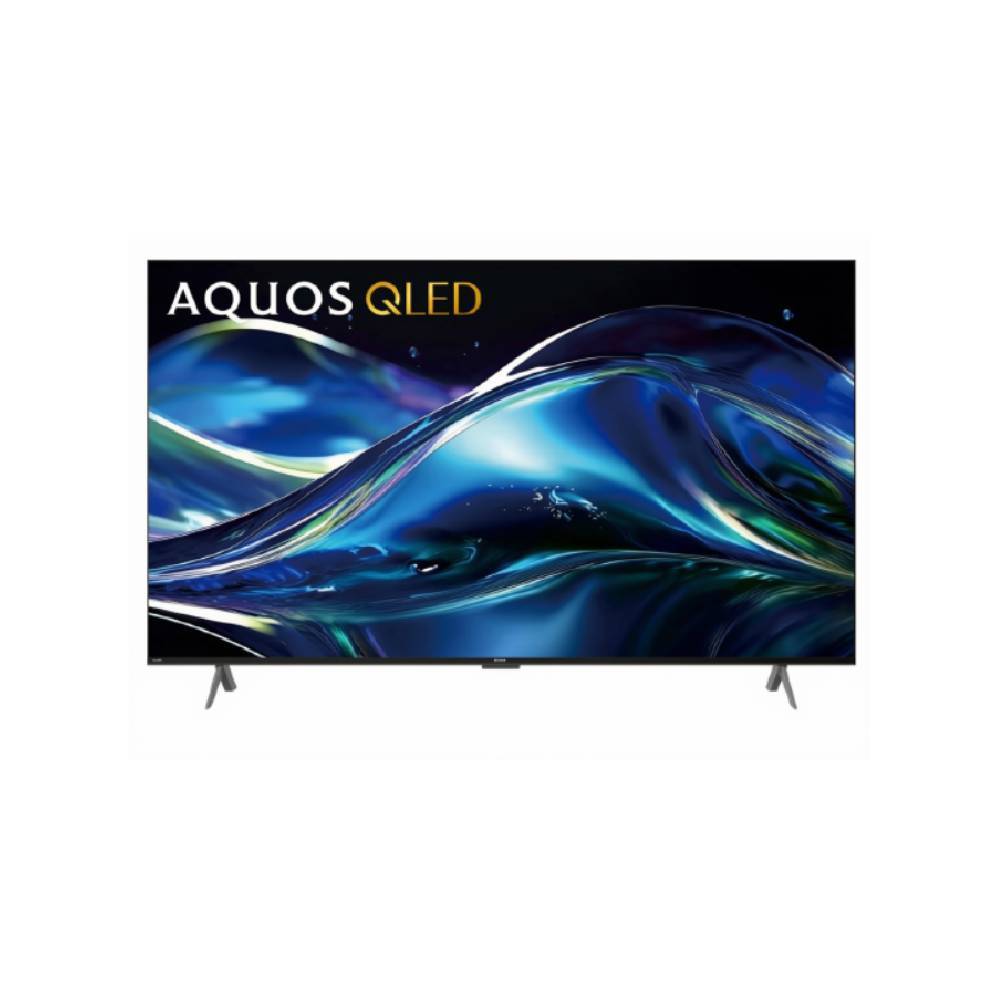 Sharp AQUOS QLED TV in black with slim bezel and dual-leg stand - Front View