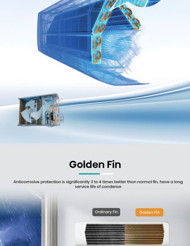 Close up of Hisense X5 KCA Inverter Air Conditioner golden fin