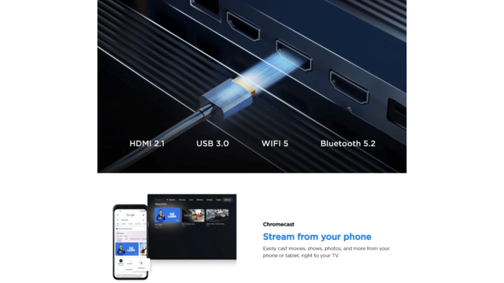TCL 75P61K connectivity with HDMI 2.1, USB 3.0, WiFi 5, Bluetooth 5.2 and Chromecast