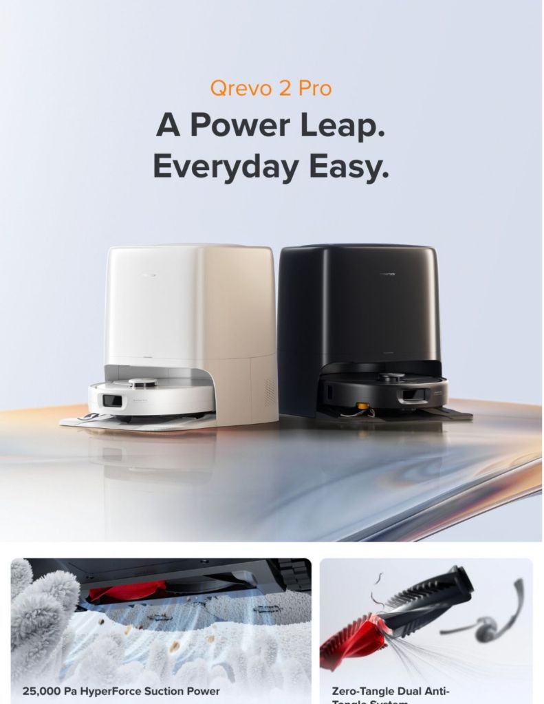 Close up of Roborock Qrevo 2 Pro Robot Vacuum 25000pa hyperforce suction power