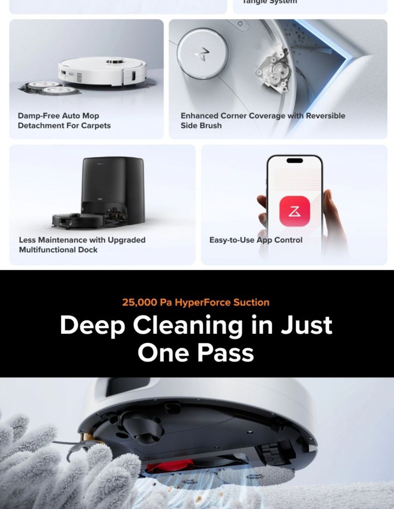 Close up of Roborock Qrevo 2 Pro Robot Vacuum 25000pa hyperforce suction power