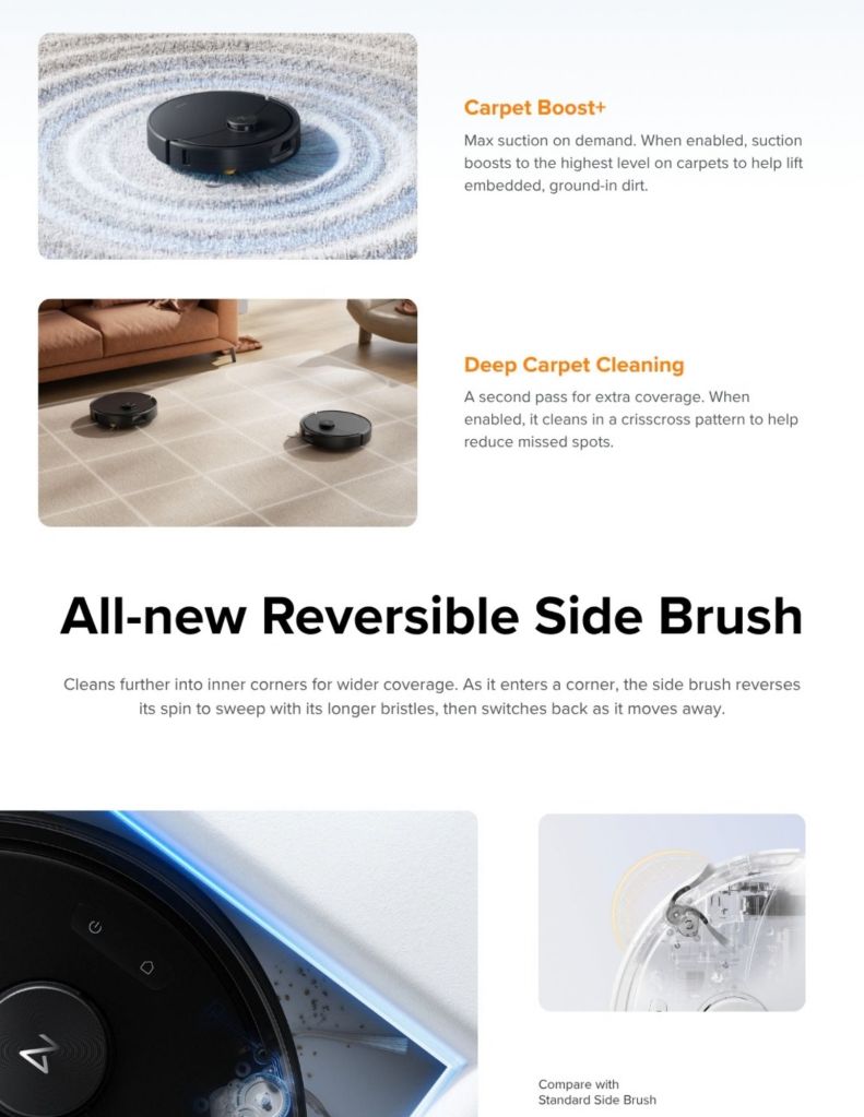 Close up of Roborock Qrevo 2 Pro Robot Vacuum carpet cleaning