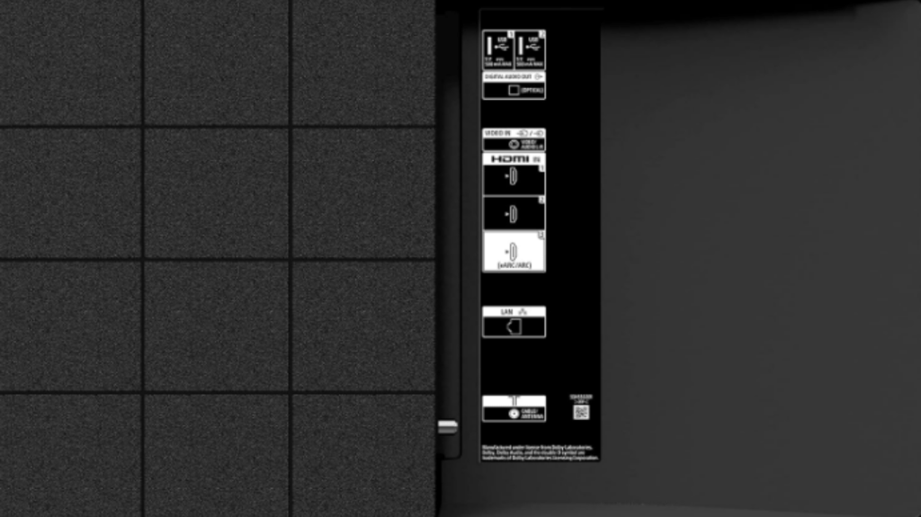 Rear connectivity panel of Sony X77L TV showing HDMI, USB, LAN and antenna connections