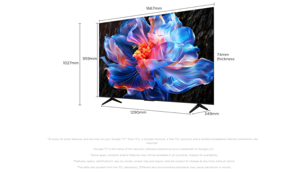 TCL 75P61K 75-inch TV dimensions showing width, height, depth and stand measurements