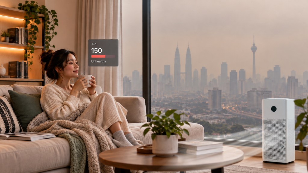 Haze making home uncomfortable with an air purifier in a modern living room