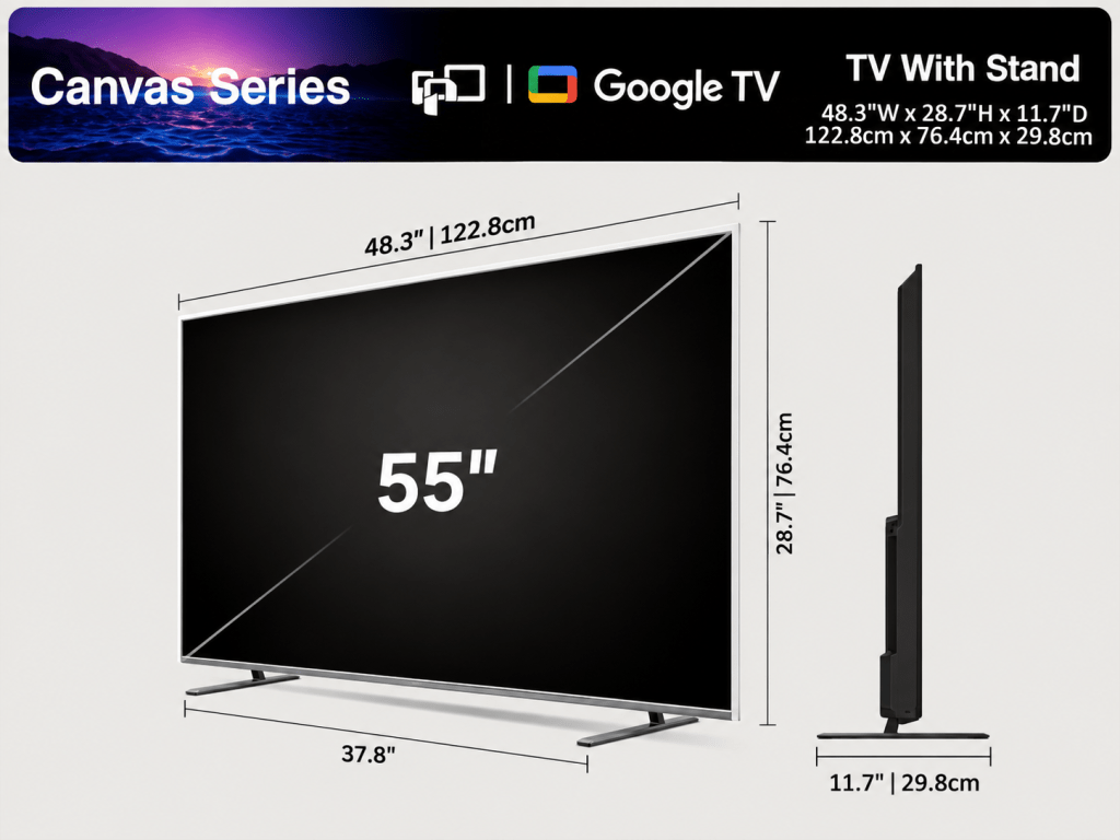 Sharp 4TC55JJ5000X 55-inch Google TV dimensions with stand: 122.8 cm wide, 76.4 cm high and 29.8 cm deep